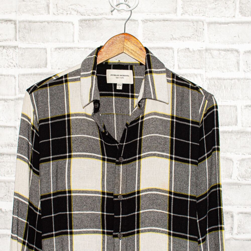 Public School NY Art Patch Button up Shirt Gray Plaid Size Small - Picture 5 of 8